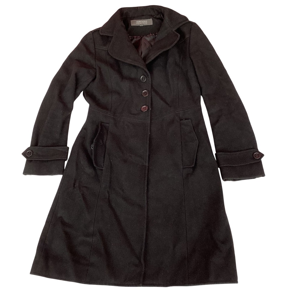 Kenneth Cole Reaction Womens Black Wool Blend Long Pea Coatโ Jacket Size 2